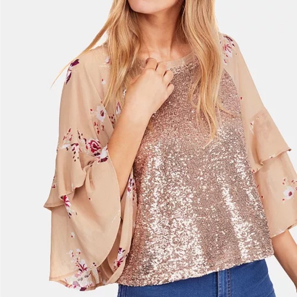 Free People Sequin Floral Blouse - Rose Gold and Cream - Picture 1 of 9